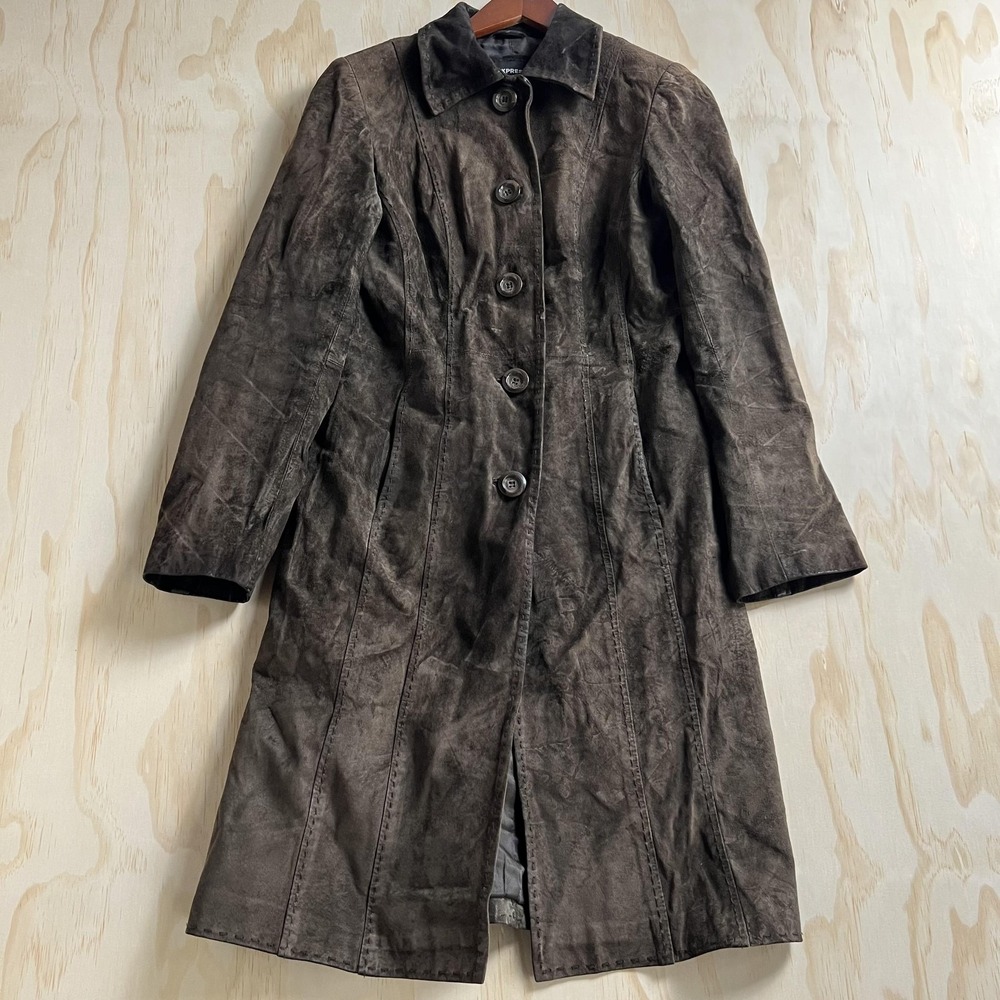 Y2K Express Coat Womens 3/4 Brown Suede Overcoat Button Front Single Breasted